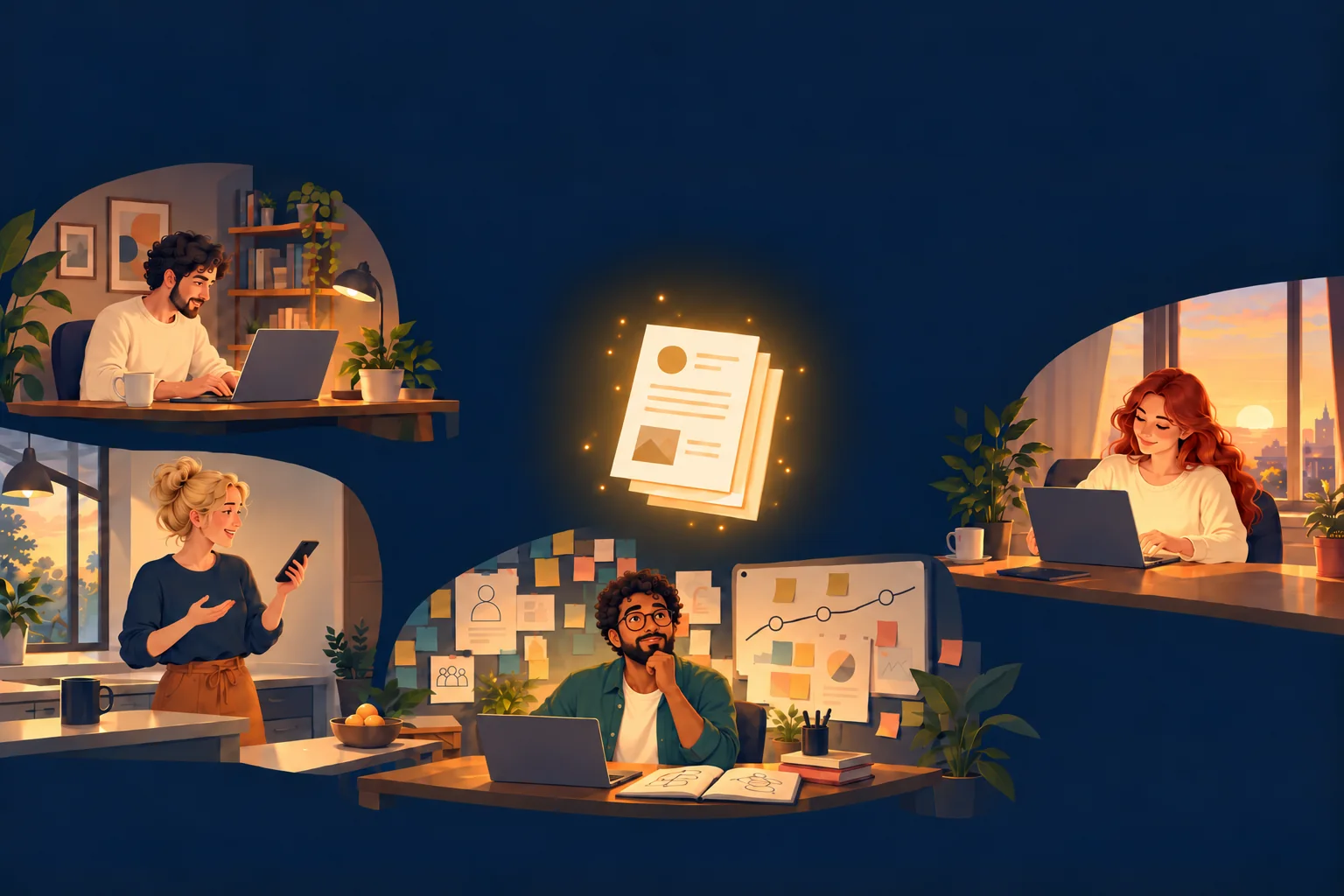 Over a week, three people in three places, an engineer at a laptop, an engineer talking to an AI on a phone, and a product owner at a desk of sticky notes, each add to a glowing shared spec on a different day: Monday, Tuesday, Wednesday. On Thursday a fourth person starts with all of it.
